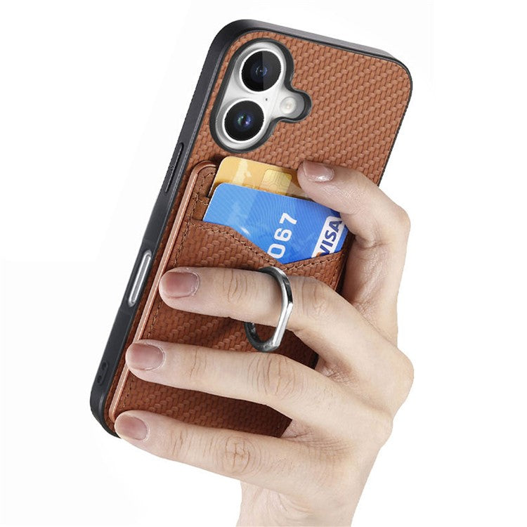 For iPhone 16 Plus Case Card Slots Ring Holder Kickstand Phone Cover - Brown