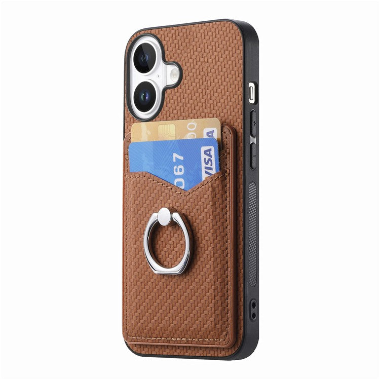 For iPhone 16 Plus Case Card Slots Ring Holder Kickstand Phone Cover - Brown
