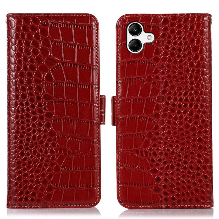 For Samsung Galaxy A04 4G (164.4 x 76.3 x 9.1 mm) Genuine Cowhide Leather Stand Wallet Cover Crocodile Texture Phone Case with RFID Blocking - Red