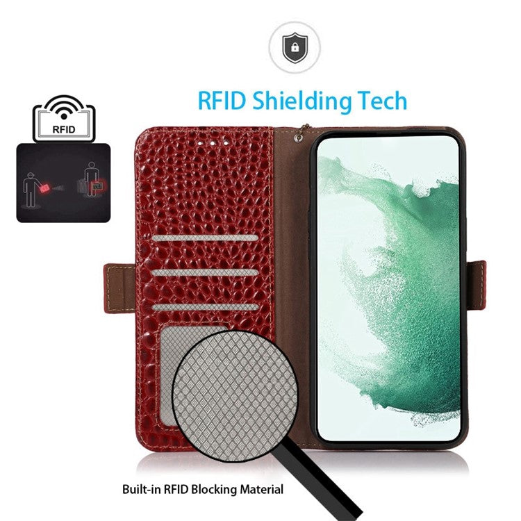 For Samsung Galaxy A04 4G (164.4 x 76.3 x 9.1 mm) Genuine Cowhide Leather Stand Wallet Cover Crocodile Texture Phone Case with RFID Blocking - Red