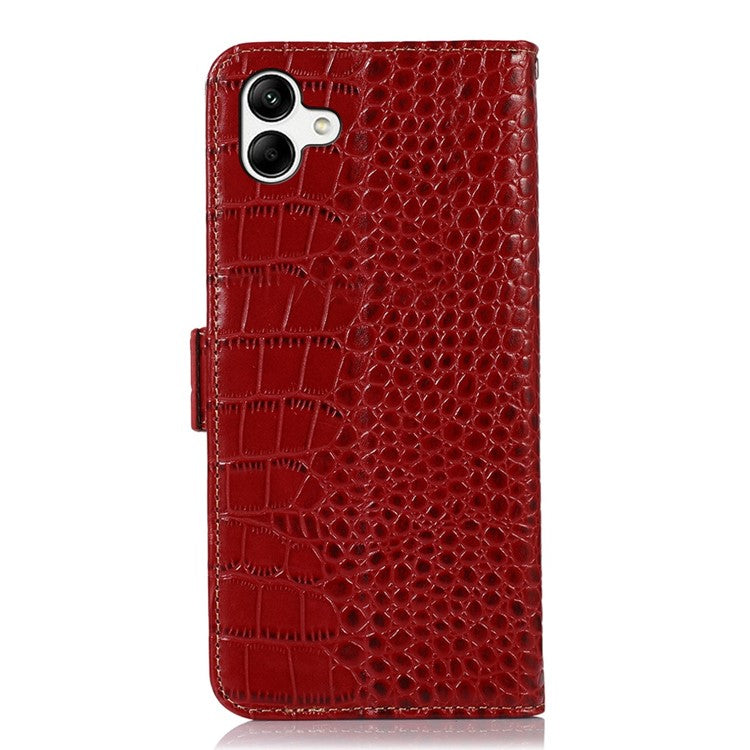 For Samsung Galaxy A04 4G (164.4 x 76.3 x 9.1 mm) Genuine Cowhide Leather Stand Wallet Cover Crocodile Texture Phone Case with RFID Blocking - Red
