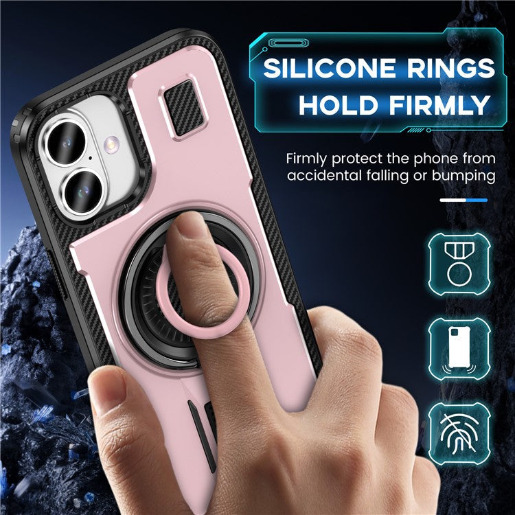 For iPhone 16 Plus Case TPU+PC Kickstand Phone Cover with Silicone Finger Strap - Rose Gold