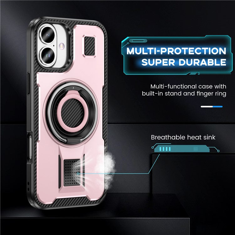 For iPhone 16 Plus Case TPU+PC Kickstand Phone Cover with Silicone Finger Strap - Rose Gold