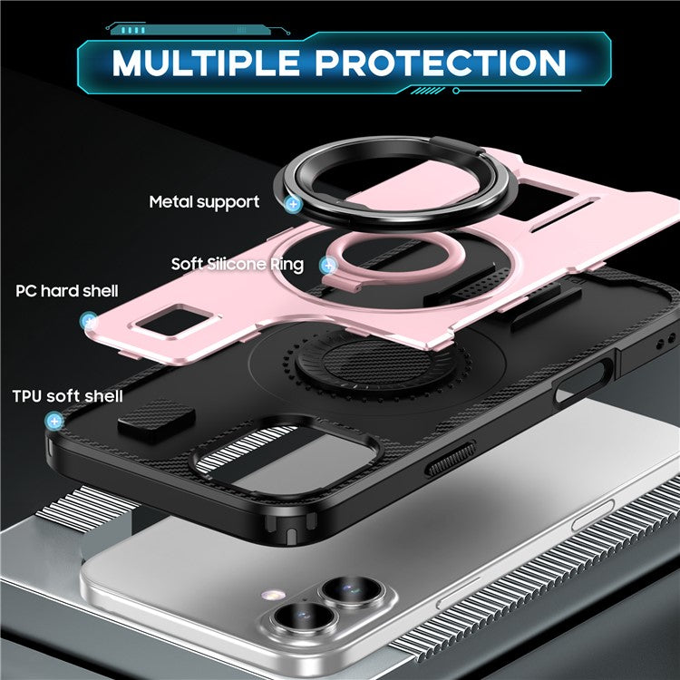 For iPhone 16 Plus Case TPU+PC Kickstand Phone Cover with Silicone Finger Strap - Rose Gold