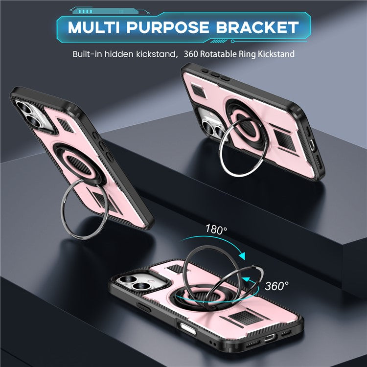 For iPhone 16 Plus Case TPU+PC Kickstand Phone Cover with Silicone Finger Strap - Rose Gold