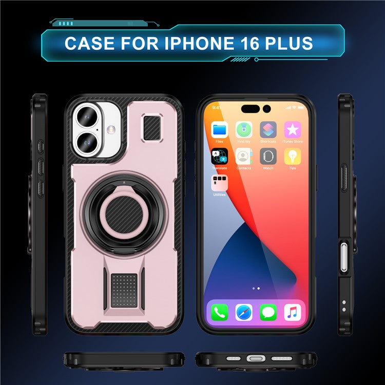 For iPhone 16 Plus Case TPU+PC Kickstand Phone Cover with Silicone Finger Strap - Rose Gold