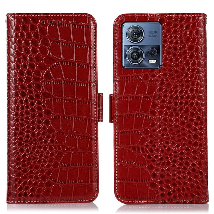 For Motorola Moto S30 Pro 5G Genuine Cowhide Leather Phone Case Crocodile Texture RFID Blocking Cover with Stand Wallet - Red