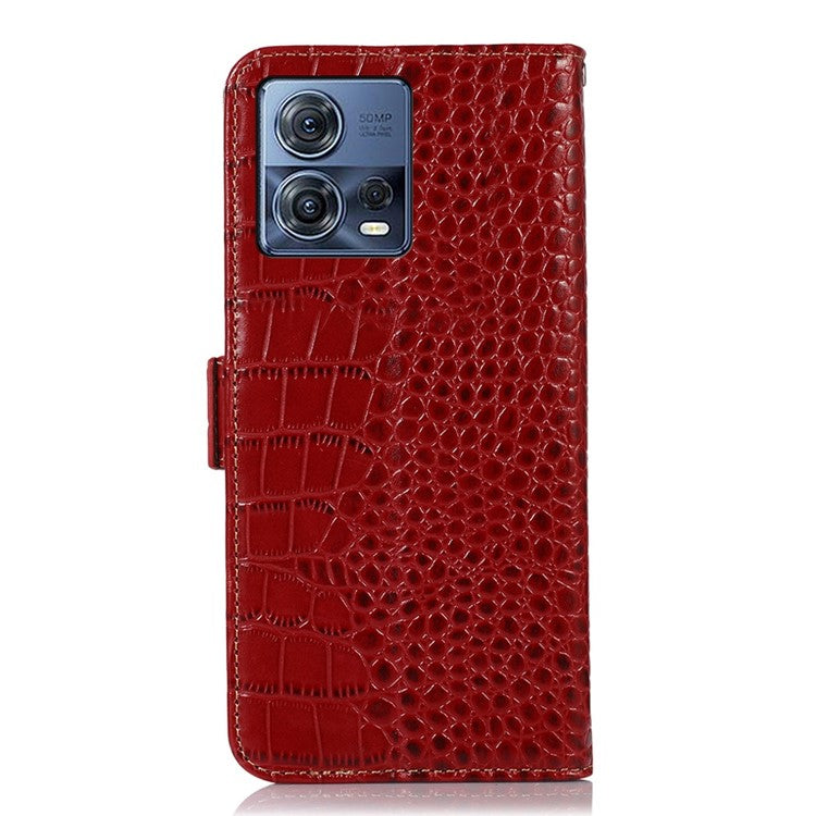 For Motorola Moto S30 Pro 5G Genuine Cowhide Leather Phone Case Crocodile Texture RFID Blocking Cover with Stand Wallet - Red