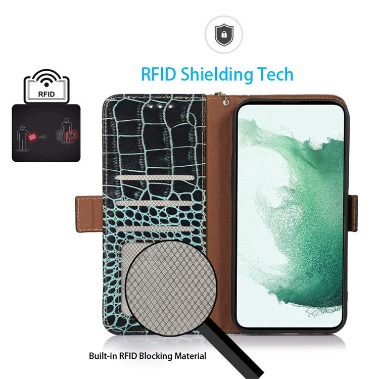 For Motorola Moto S30 Pro 5G Genuine Cowhide Leather Phone Case Crocodile Texture RFID Blocking Cover with Stand Wallet - Green