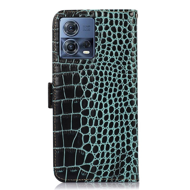 For Motorola Moto S30 Pro 5G Genuine Cowhide Leather Phone Case Crocodile Texture RFID Blocking Cover with Stand Wallet - Green