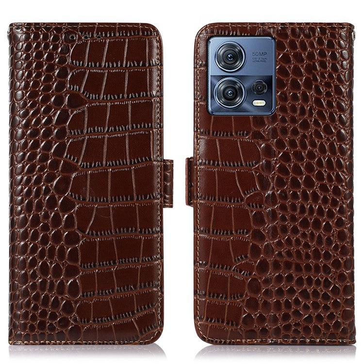 For Motorola Moto S30 Pro 5G Genuine Cowhide Leather Phone Case Crocodile Texture RFID Blocking Cover with Stand Wallet - Brown
