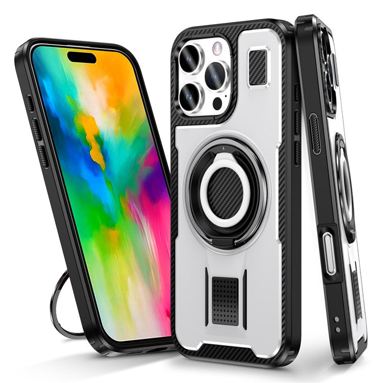 For iPhone 16 Pro Case TPU+PC Kickstand Phone Cover with Silicone Finger Strap - White