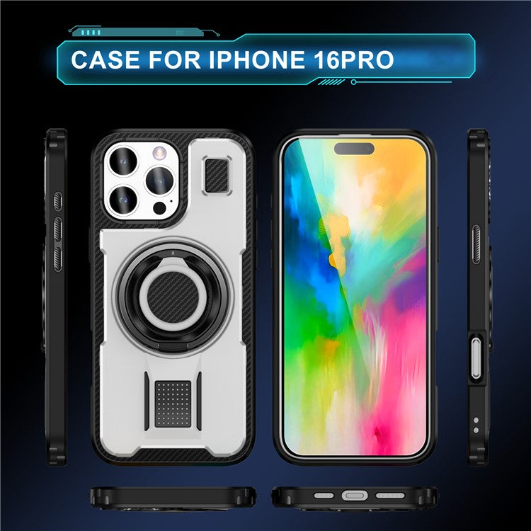 For iPhone 16 Pro Case TPU+PC Kickstand Phone Cover with Silicone Finger Strap - White