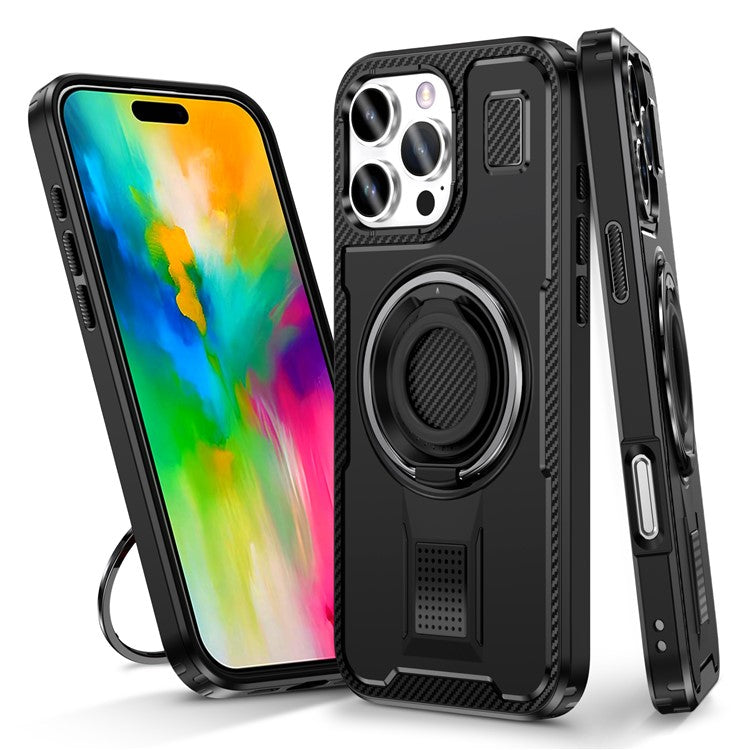 For iPhone 16 Pro Case TPU+PC Kickstand Phone Cover with Silicone Finger Strap - Black