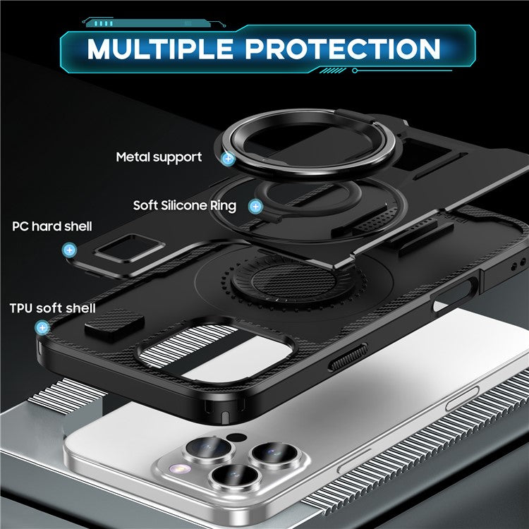 For iPhone 16 Pro Case TPU+PC Kickstand Phone Cover with Silicone Finger Strap - Black