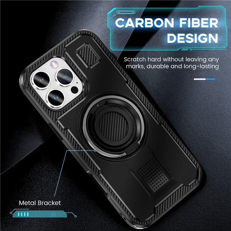 For iPhone 16 Pro Case TPU+PC Kickstand Phone Cover with Silicone Finger Strap - Black
