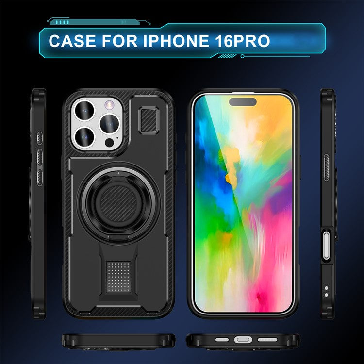 For iPhone 16 Pro Case TPU+PC Kickstand Phone Cover with Silicone Finger Strap - Black