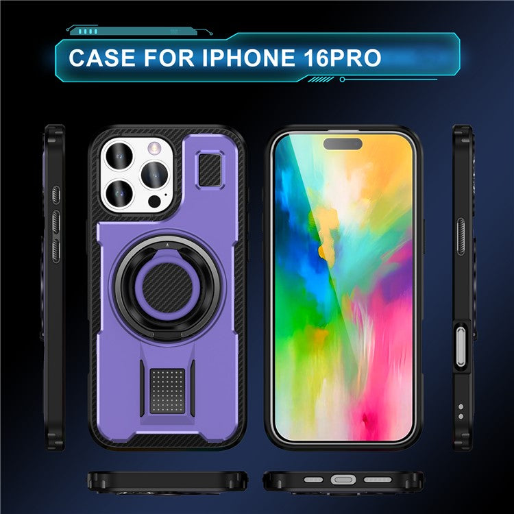 For iPhone 16 Pro Case TPU+PC Kickstand Phone Cover with Silicone Finger Strap - Purple