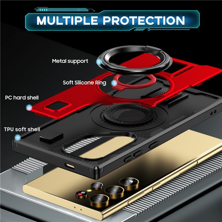 For Samsung Galaxy S24 Ultra Case TPU+PC Kickstand Phone Cover with Silicone Finger Strap - Red