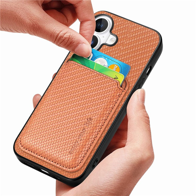 For iPhone 16 Case Carbon Fiber Leather Back Cover with Detachable Card Bag - Brown