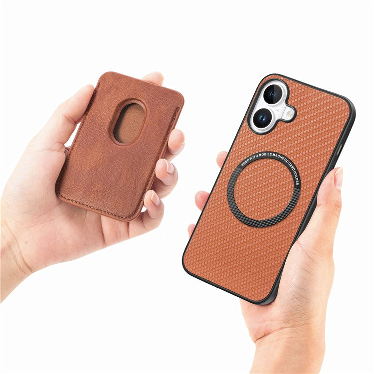 For iPhone 16 Case Carbon Fiber Leather Back Cover with Detachable Card Bag - Brown