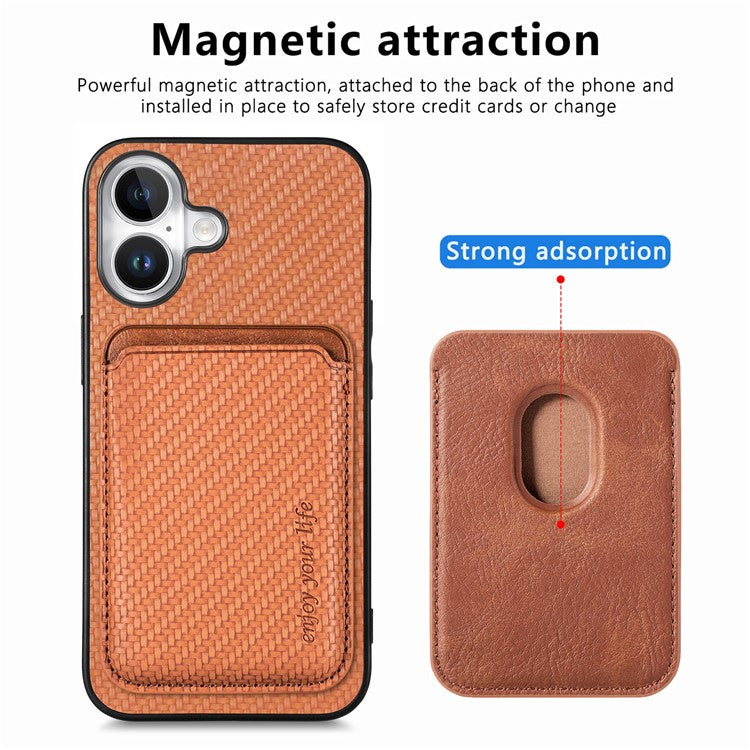 For iPhone 16 Case Carbon Fiber Leather Back Cover with Detachable Card Bag - Brown