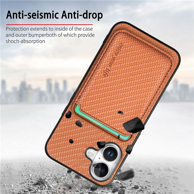 For iPhone 16 Case Carbon Fiber Leather Back Cover with Detachable Card Bag - Brown