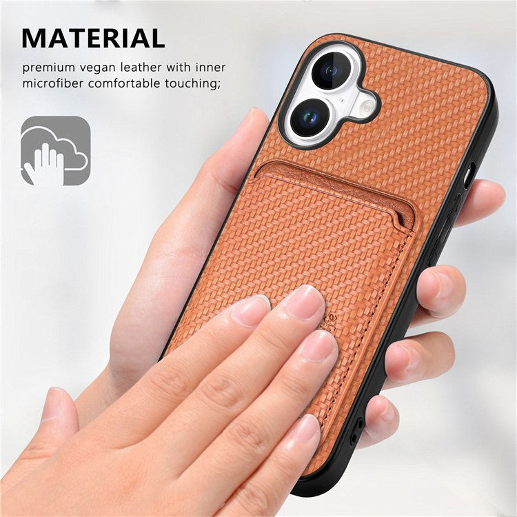 For iPhone 16 Case Carbon Fiber Leather Back Cover with Detachable Card Bag - Brown