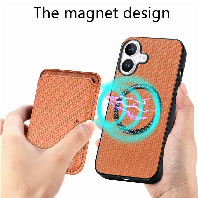 For iPhone 16 Case Carbon Fiber Leather Back Cover with Detachable Card Bag - Brown