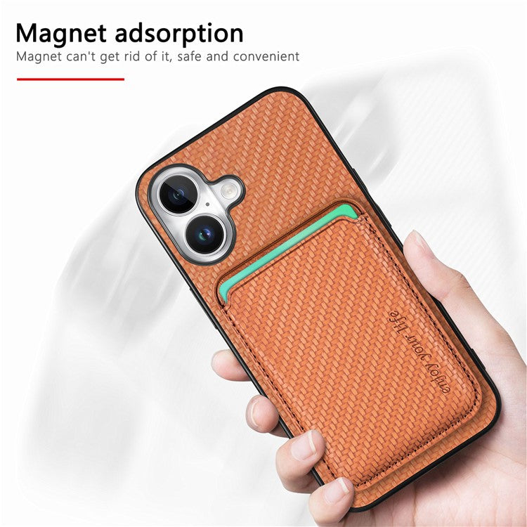 For iPhone 16 Case Carbon Fiber Leather Back Cover with Detachable Card Bag - Brown