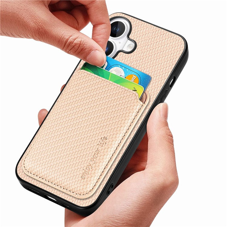 For iPhone 16 Case Carbon Fiber Leather Back Cover with Detachable Card Bag - Apricot