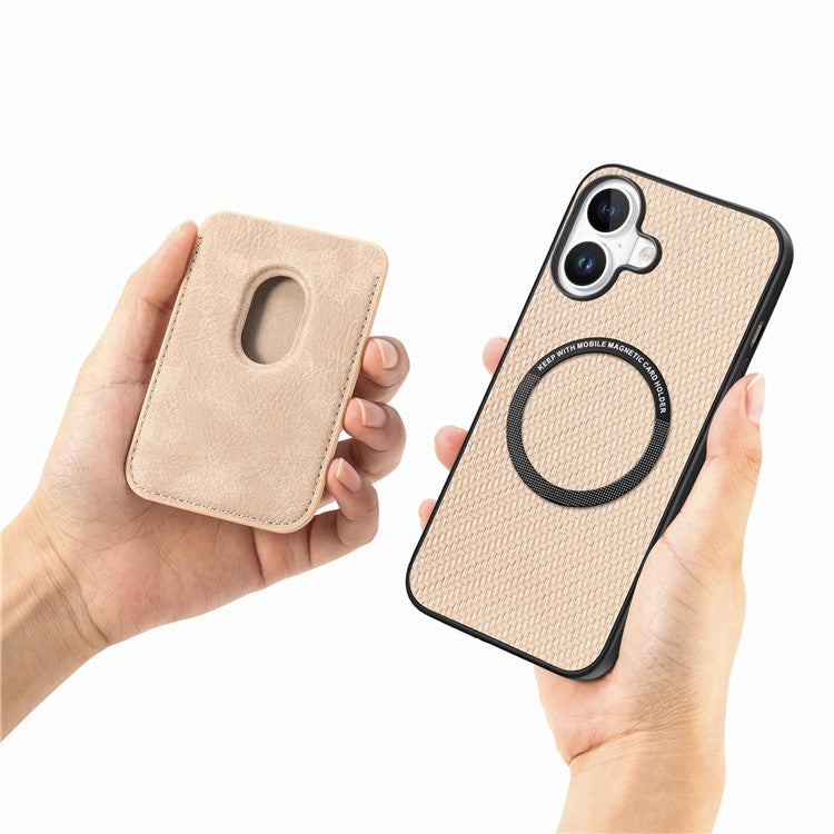 For iPhone 16 Case Carbon Fiber Leather Back Cover with Detachable Card Bag - Apricot