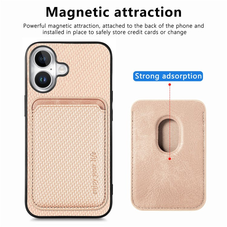 For iPhone 16 Case Carbon Fiber Leather Back Cover with Detachable Card Bag - Apricot