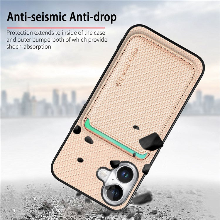 For iPhone 16 Case Carbon Fiber Leather Back Cover with Detachable Card Bag - Apricot