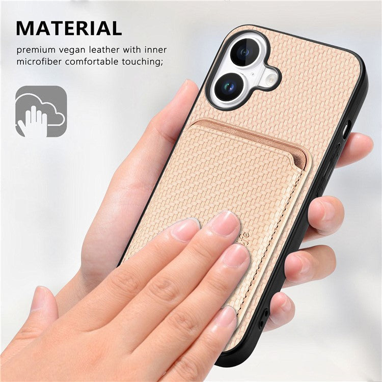 For iPhone 16 Case Carbon Fiber Leather Back Cover with Detachable Card Bag - Apricot