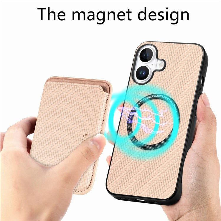 For iPhone 16 Case Carbon Fiber Leather Back Cover with Detachable Card Bag - Apricot