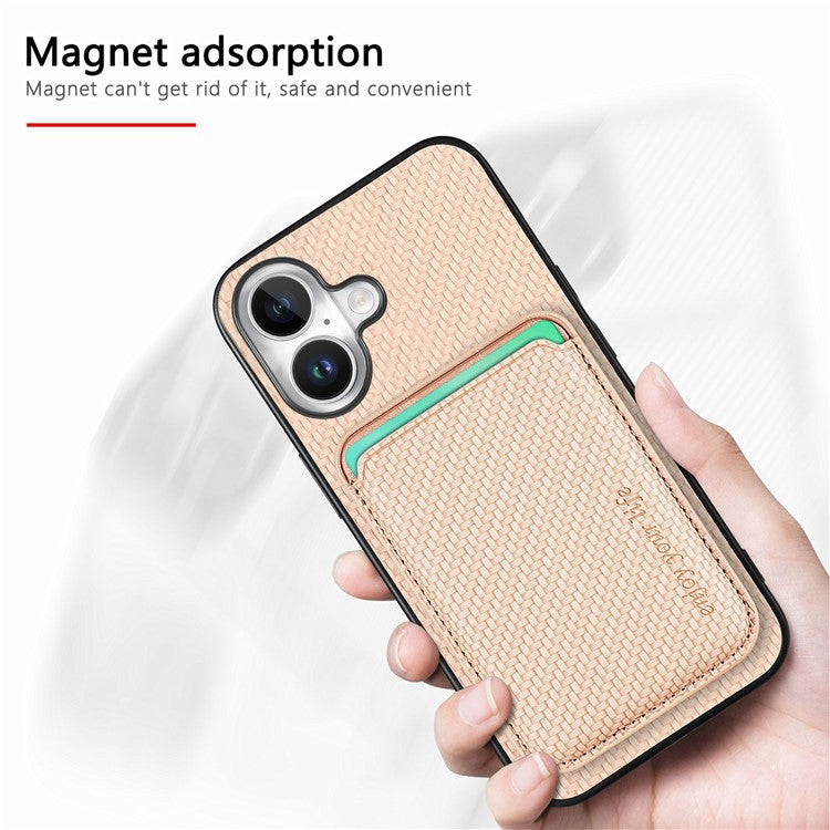For iPhone 16 Case Carbon Fiber Leather Back Cover with Detachable Card Bag - Apricot
