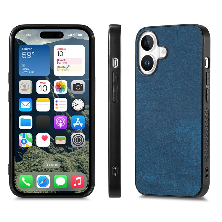 For iPhone 16 Plus Case Retro Leather + TPU Shockproof Protective Phone Cover - Blue