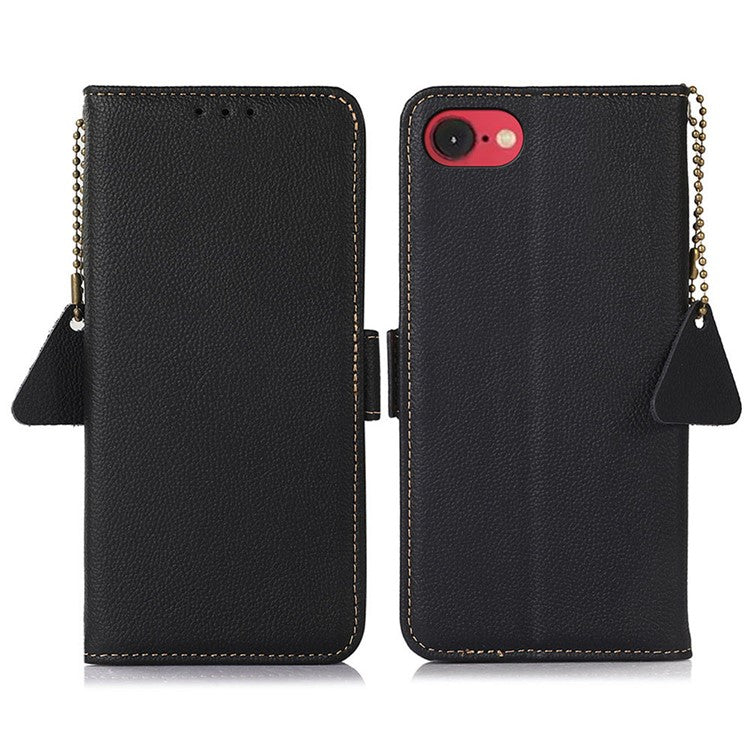 TJ For iPhone 16e Case RFID Blocking Genuine Cow Leather Phone Cover - Black