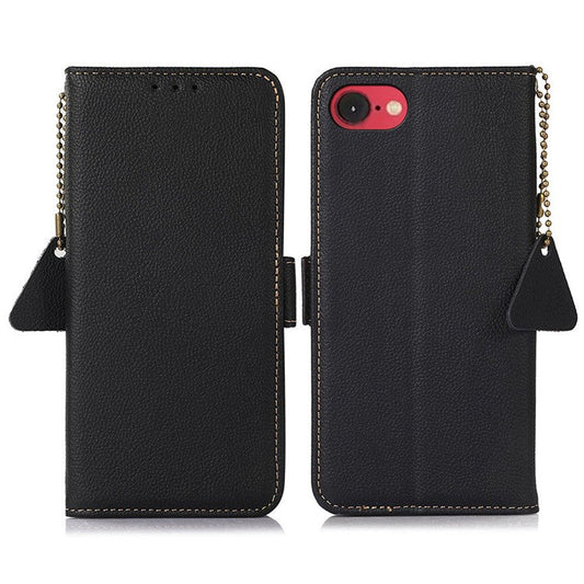 TJ For iPhone 16e Case RFID Blocking Genuine Cow Leather Phone Cover - Black