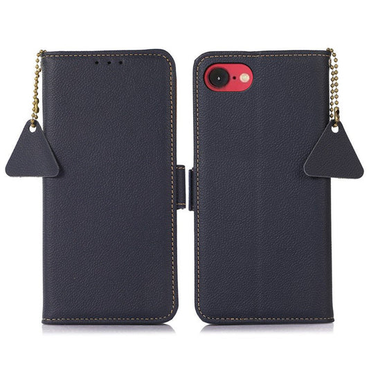 TJ For iPhone 16e Case RFID Blocking Genuine Cow Leather Phone Cover - Blue