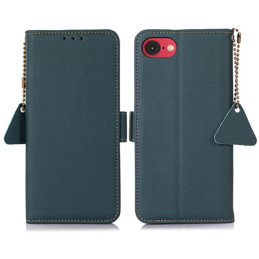TJ For iPhone 16e Case RFID Blocking Genuine Cow Leather Phone Cover - Green