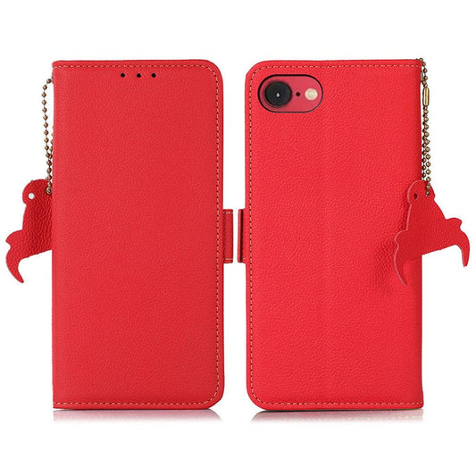 TJ For iPhone 16e Case RFID Blocking Genuine Cow Leather Phone Cover - Red