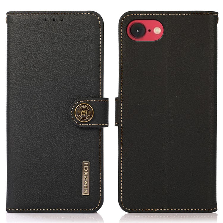 KHAZNEH For iPhone 16e Case Genuine Cow Leather Wallet Phone Cover - Black