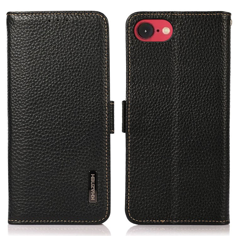 KHAZNEH For iPhone 16e Phone Case Genuine Cow Leather Cover RFID Blocking - Black