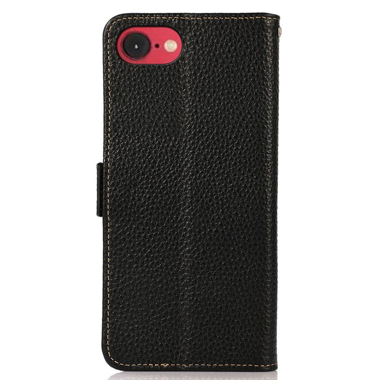 KHAZNEH For iPhone 16e Phone Case Genuine Cow Leather Cover RFID Blocking - Black