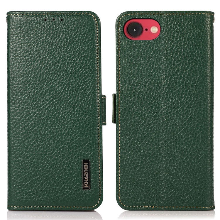KHAZNEH For iPhone 16e Phone Case Genuine Cow Leather Cover RFID Blocking - Green