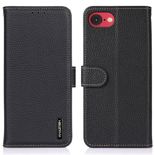 KHAZNEH For iPhone 16e Phone Case Genuine Cow Leather Flip Cover - Black
