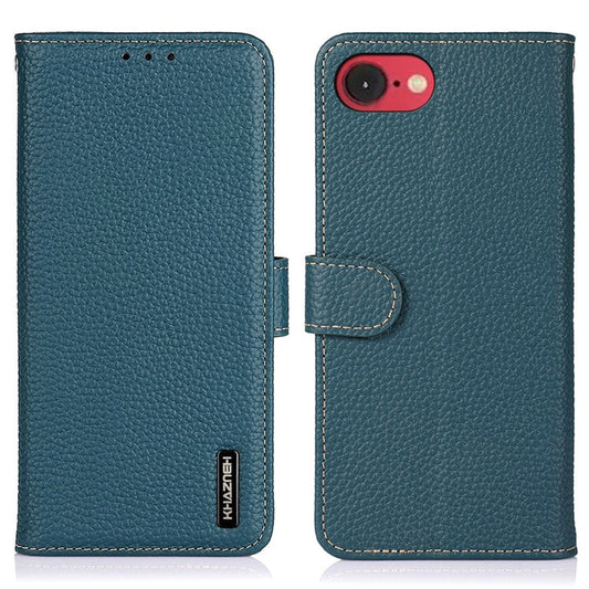KHAZNEH For iPhone 16e Phone Case Genuine Cow Leather Flip Cover - Green