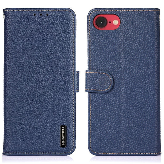 KHAZNEH For iPhone 16e Phone Case Genuine Cow Leather Flip Cover - Blue